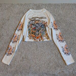 Ed Hardy Womens Long Sleeve Tiger Flames Skull Graphic Crop Top Shirt M